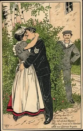 Litho Liebespaar beim Küssen, Eifersucht, Dienstmädchen