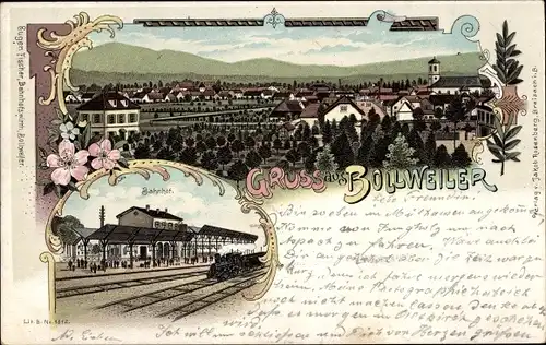 Litho Bollwiller Bollweiler Elsass Haut Rhin, Bahnhof, Gleisseite, Blick auf den Ort