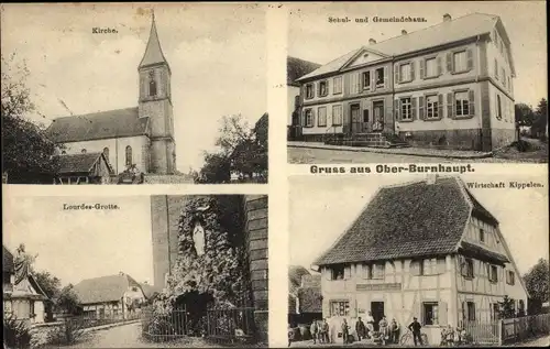 Ak Burnhaupt le Haut Oberburnhaupt Elsass Haut Rhin, Schulhaus, Wirtschaft, Lourdes-Grotte, Kirche