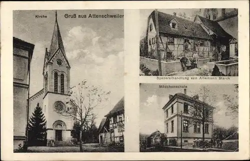 Ak Attenschwiller Attenschweiler Elsass Haut Rhin, Spezereihandlung, Mädchenschule, Kirche