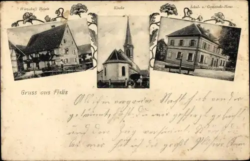 Ak Fislis Elsass Haut Rhin, Wirtschaft Heinis, Kirche, Schule, Gemeindehaus