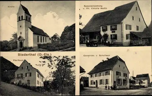 Ak Biederthal Elsass Haut Rhin, Gemeindehaus, Schulhaus, Spezereihandlung, Pfarrhaus, Kirche