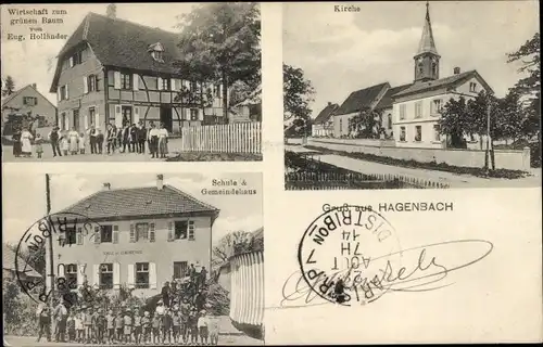 Ak Hagenbach Elsass Haut Rhin, Wirtschaft zum grünen Baum, Schule, Kirche, Gemeindehaus