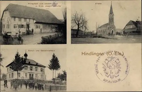 Ak Hindlingen Elsass Haut Rhin, Kirche, Wirtschaft, Schule, Gemeindehaus