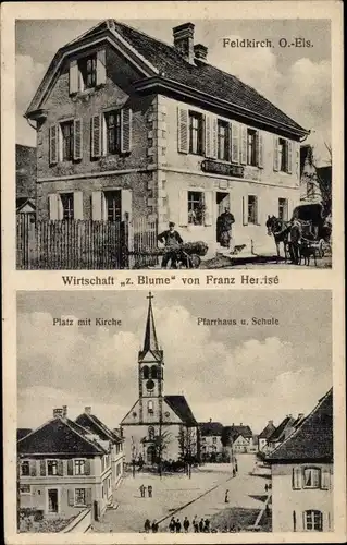 Ak Feldkirch Elsass Haut Rhin, Wirtschaft zur Blume, Kirche, Pfarrhaus, Schule