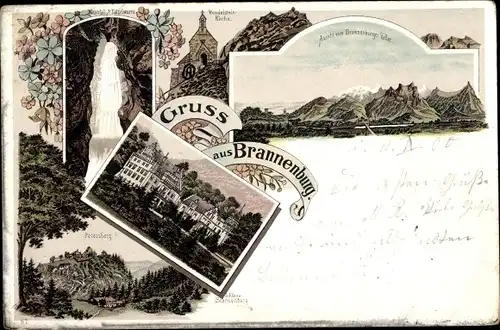 Litho Brannenburg im Kreis Rosenheim Oberbayern, Wendelstein Kirche, Wasserfall, Tatzelwurm