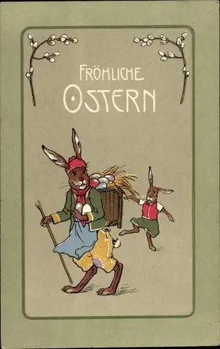 Ak Glückwunsch Ostern, Vermenschlichte Osterhasen, Ostereier