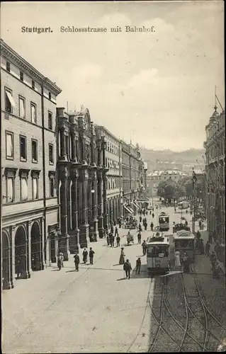 Ak Stuttgart in Baden Württemberg, Schlossstraße, Bahnhof, Straßenbahnen