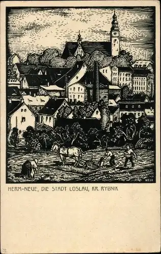 Künstler Ak Herm-Neue, Wodzisław Śląski Loslau Schlesien, Landwirte, Kirche