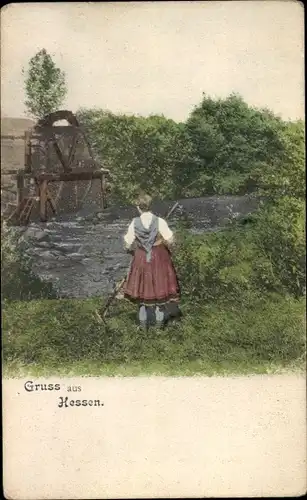 Ak Bauernmädchen in hessischer Tracht, Wassermühle