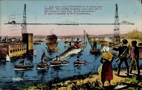 Ak Marseille Bouches du Rhône, Schwebefähre, Sardine, Boote