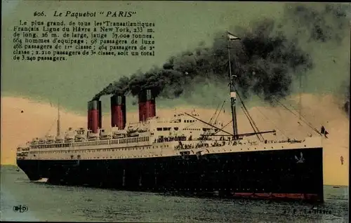 Ak Dampfer Paris, CGT, French Line