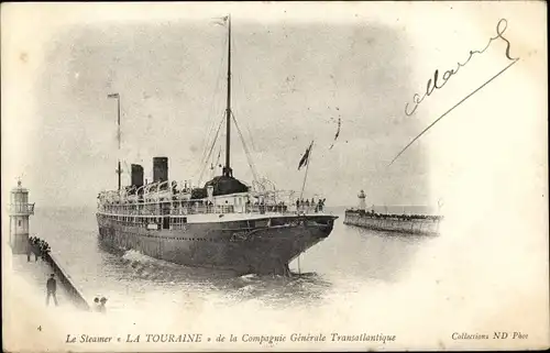 Ak Dampfer La Touraine, CGT, French Line, Leuchtturm