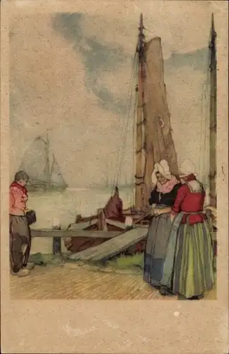 Ak Frauen und Mann in niederländischen Trachten, Hafenpartie, Fischerboot