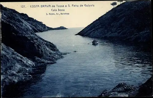 Ak Tossa Costa Brava Katalonien, S. Feliu de Guixois, Cala bona, Ruderboot