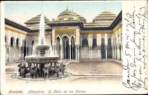 Ak Granada Andalusien Spanien, Alhambra, El Patio de los Leones