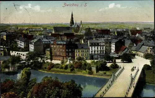 Ak Zwickau in Sachsen, Blick auf Stadt und Kirche, Brücke