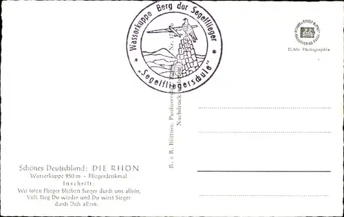 Ak Schönes Deutschland, Die Rhön, Fliegerdenkmal, Wasserkuppe