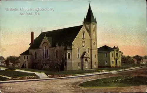 Ak Sanford Maine USA, Katholische Kirche und Pfarrhaus