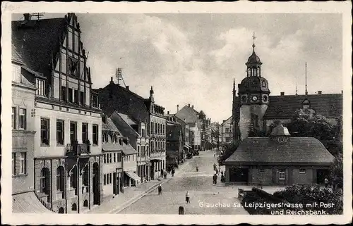 Ak Glauchau in Sachsen, Leipziger Straße mit Post und Reichsbank