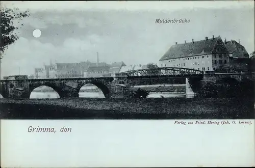 Mondschein Ak Grimma in Sachsen, Muldenbrücke