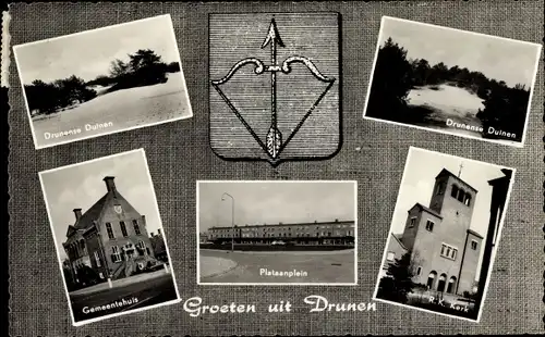 Ak Drunen Nordbrabant, Duinen, Wappen, R.K. Kerk. Plataanplein, Gemeentehuis