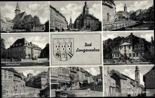 Ak Bad Langensalza in Thüringen, Marktkirche, Schwefelbad, Rathaus, Klubhaus, Lange Brüdergasse