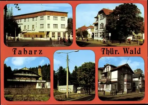 Ak Tabarz im Thüringer Wald, Hotel Tabarzer Hof, Cafe Waldbahn, Haltestelle Thüringer Waldbahn