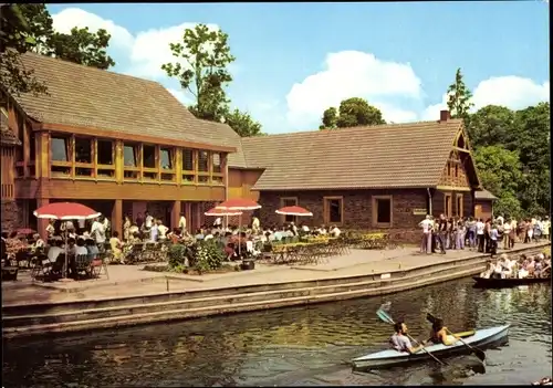 Ak Lehde Lübbenau im Spreewald, HOG Zum fröhlichen Hecht, Kanu