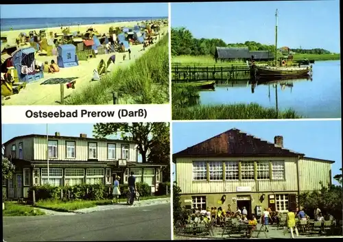 Ak Ostseebad Prerow auf dem Darß, Strand, Hafen, Milchbar, FDGB Erholungsheim Am Hafen