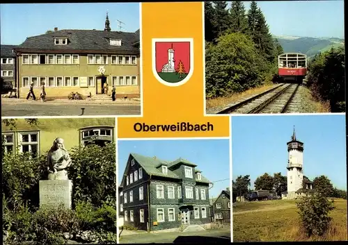 Ak Oberweißbach im Weißbachtal Thüringen, Gasthaus zur Schenke, Bergbahn, Fröbelturm, Denkmal