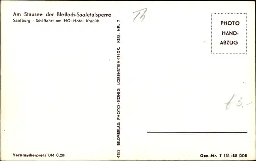 Ak Saalburg Thüringen, Stausee Bleiloch Saaletalsperre, Schifffahrt am HO Hotel Kranich