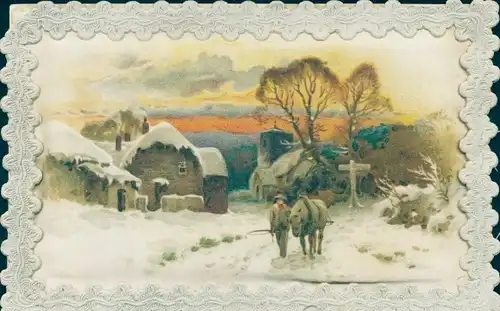 Stoff Ak Winterszene, Dorfansicht, Mann mit Pferd, Kreuz, Häuser