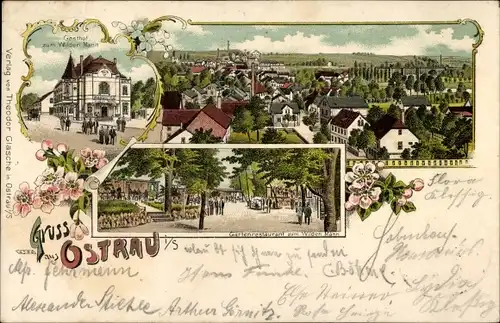 Litho Ostrau in Sachsen, Gasthof zum wilden Mann, Gartenrestaurant, Stadtpanorama