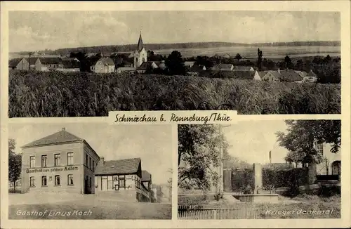 Ak Schmirchau Ronneburg in Thüringen, Kriegerdenkmal, Gasthof Linus Koch