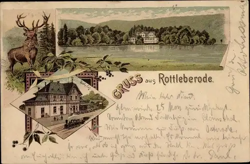 Litho Rottleberode Südharz, Bahnhof, Gleisseite, Schloss, Hirsch