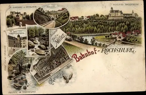 Vorläufer Litho Rochsburg Lunzenau in Sachsen 1895, Bahnhof, Schloss, Brauseloch