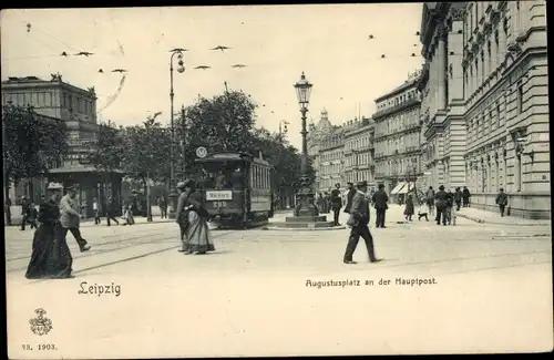 Ak Leipzig in Sachsen, Augustusplatz, Straßenbahn, Post