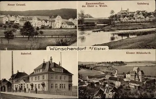 Ak Wünschendorf an d Elster, Neuer Ortsteil, Elster, Weida, Veitsberg, Bahnhof, Kloster Mildenfurth
