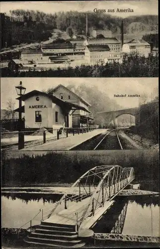 Ak Amerika Penig in Sachsen, Bahnhof, Brücke, Fabrik