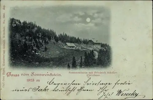 Mondschein Ak Schottwien in Niederösterreich, Sonnwendstein mit Friedrich Schüler Alpenhaus