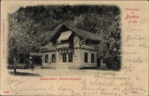 Ak Weikersdorf Baden in Niederösterreich, Blick auf Restauration Cholera Kapelle, Inh. Leopold Göstl