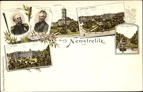 Litho Neustrelitz am Zierker See, Großherzog Friedr. Wilhelm von Mecklenburg Strelitz, Stadtkirche