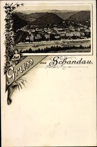 Litho Bad Schandau an der Elbe, Totalansicht der Ortschaft