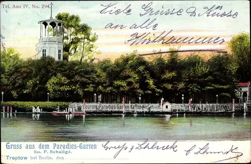 Ak Berlin Treptow, Restaurant Paradiesgarten, Inh. F. Schallgé, Uferpartie