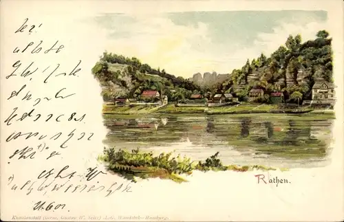 Litho Kurort Rathen im Elbsandsteingebirge, Blick über die Elbe auf den Ort