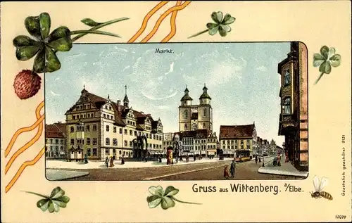 Präge Passepartout Litho Lutherstadt Wittenberg in Sachsen Anhalt, Markt, Straßenbahn, Klee, Biene