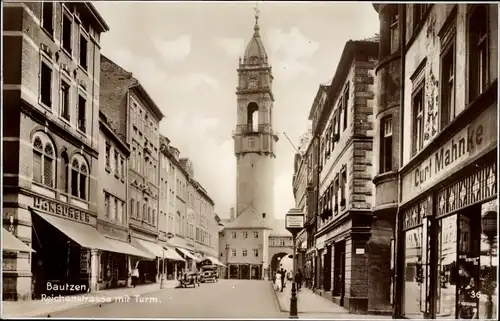 Ak Bautzen in der Lausitz, Reichenstraße mit Turm, Geschäft Curt Mahnke, Hamburger