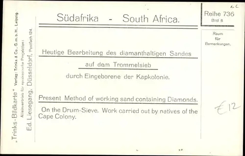 Ak Südafrika, Heutige Bearbeitung des diamanthaltigen Sandes auf dem Trommelsieb