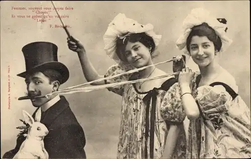 Ak Frauen führen Mann an der Leine, Emanzipation